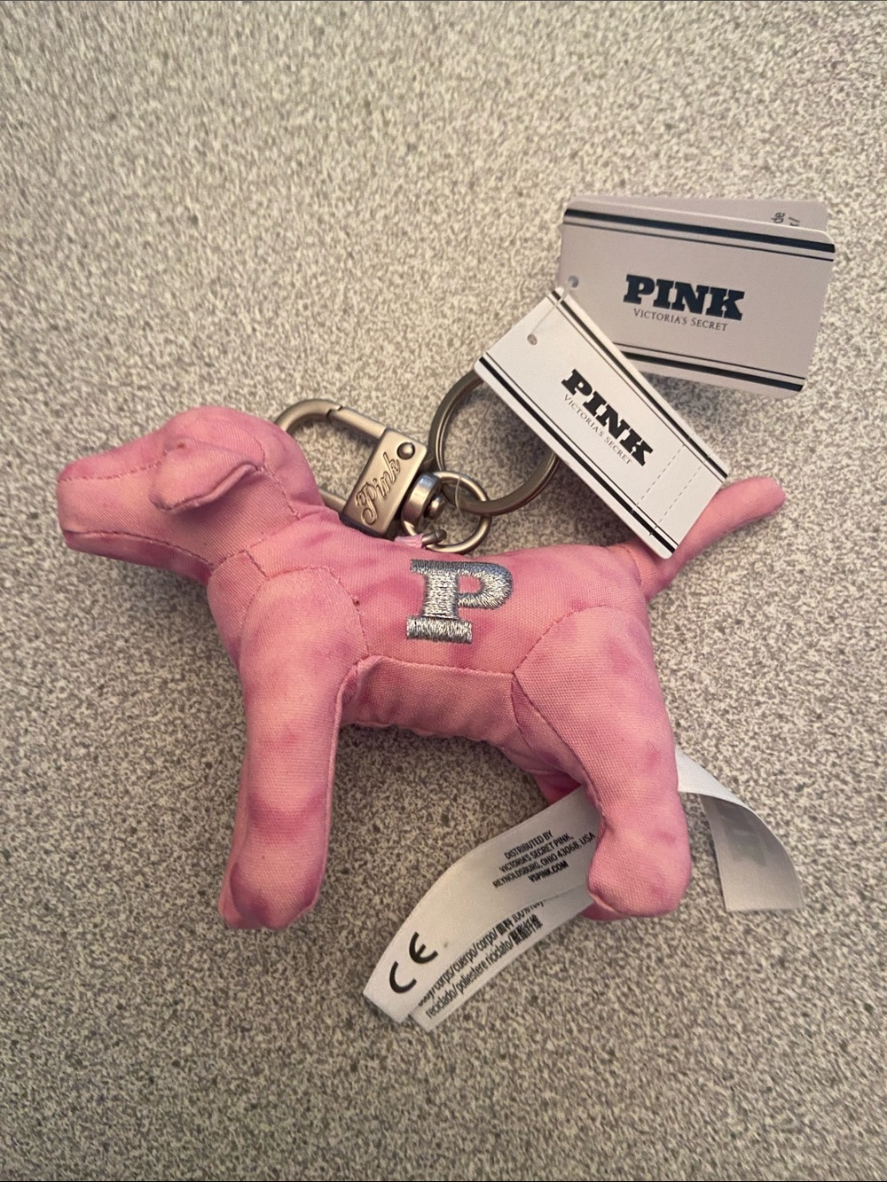 PINK Victoria's Secret Pink Plush Dog Keychain with Silver 'P'